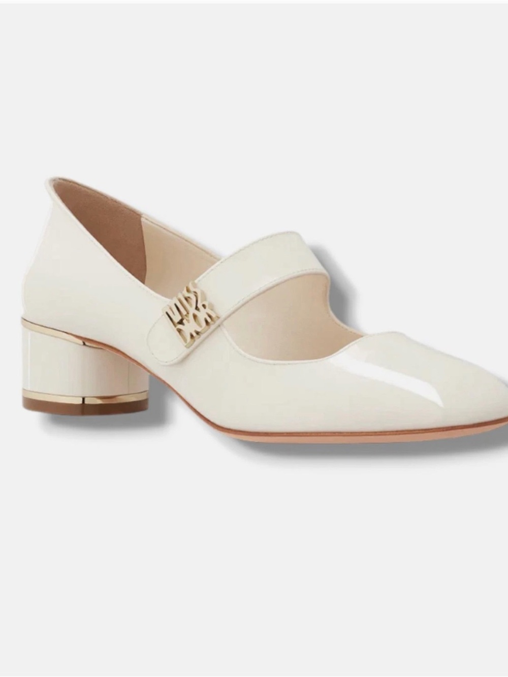 Dior Cream Patent Mary Jane Block Heel with Gold Logo Accent